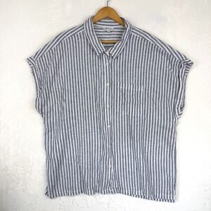 Orvis Womens XXL Linen Rayon Striped Short Sleeve Button Up Shirt Navy White